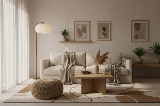 Minimalist living room with linen throw blankets, knit pouf ottoman, and abstract rug styled for Labor Day entertaining