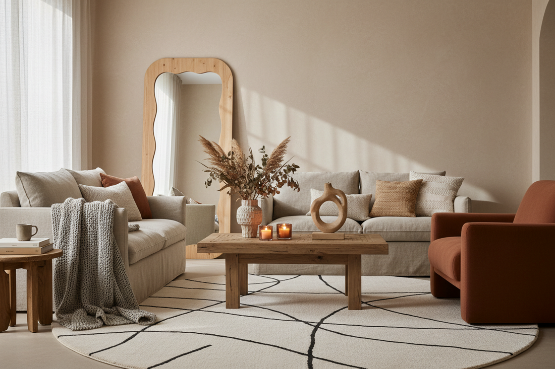 Cozy fall living room styled on a budget with a cream round rug, wavy wooden mirror, and sculptural wood accent in warm neutral tones
