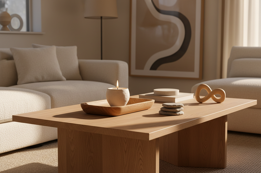 Minimalist coffee table styled for entertaining with a wooden tray, lit candle, stone coasters, and sculptural object in neutral tones