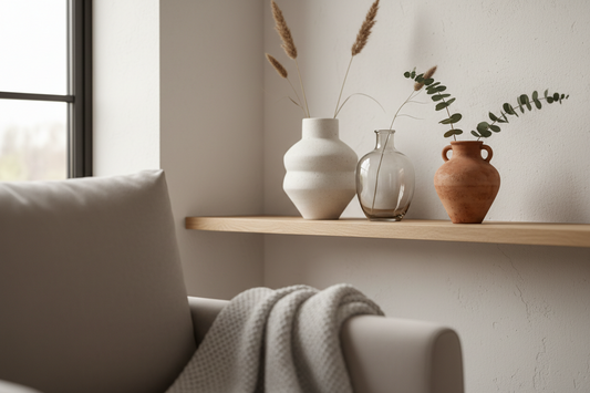 Decorative vases styled on a minimalist home interior shelf — ceramic, glass, and terracotta vases in neutral tones