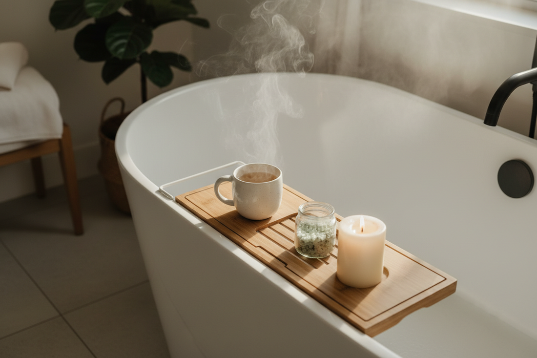 Minimalist bathtub caddy setup with a ceramic mug, glass jar of bath salts, and cream candle over a white porcelain tub