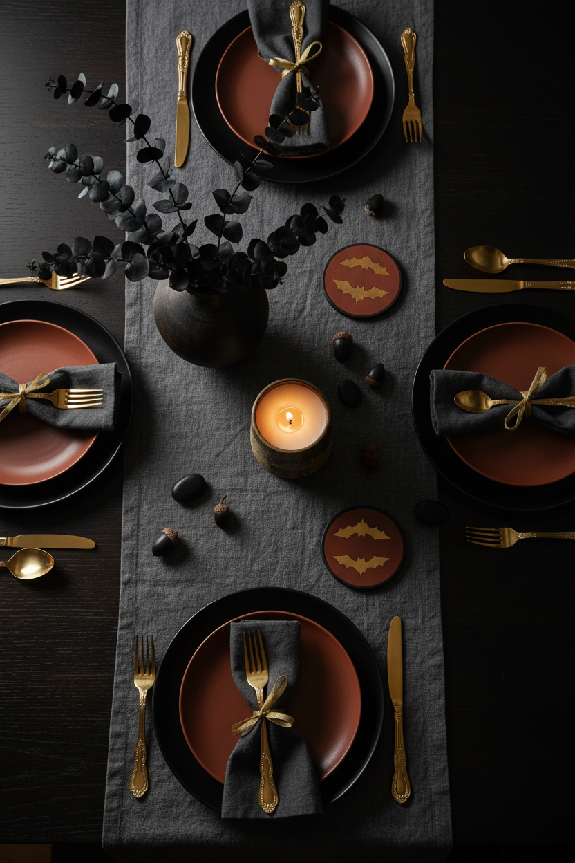 Elegant Halloween tablescape with dark ceramic vase, black eucalyptus stems, and amber candlelight under $100