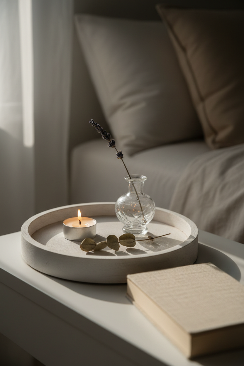 Fall bedroom nightstand styled with a whitewash wood candle tray, glowing tealight, crystal bud vase with dried lavender, and a linen book in soft morning light