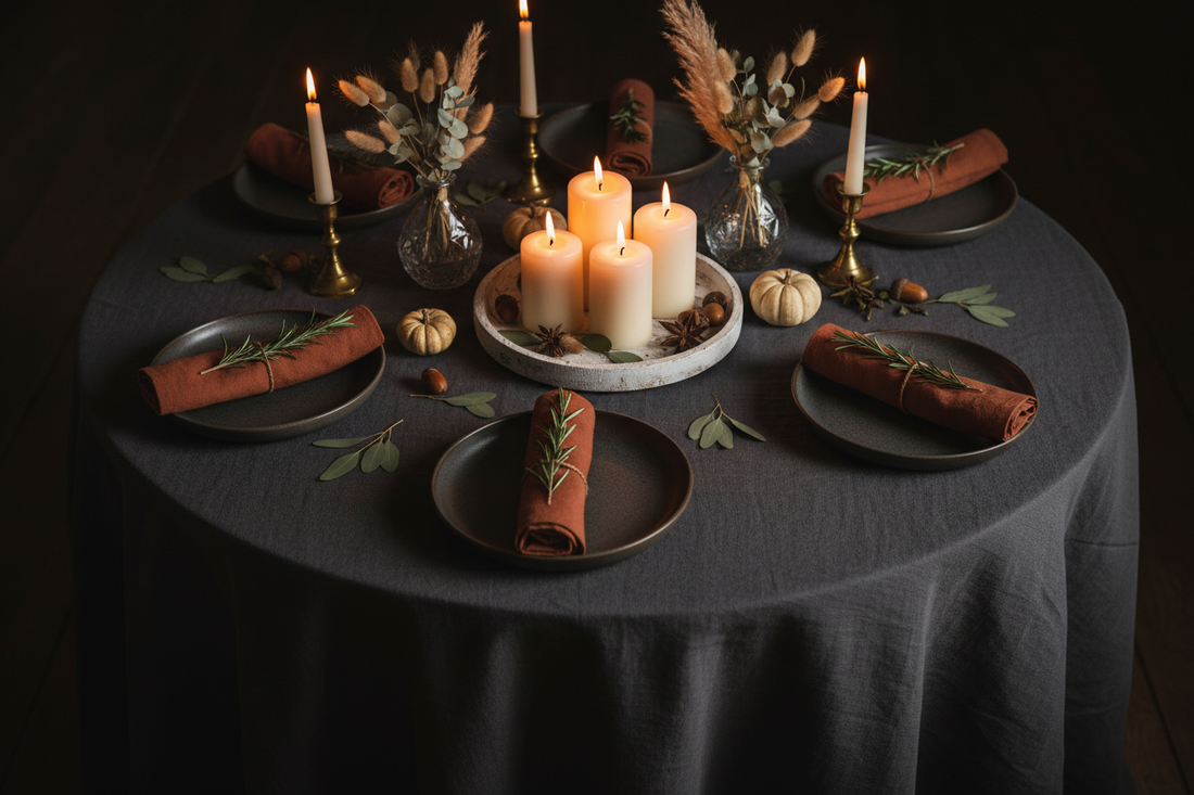 Elegant fall dinner party table styled with a rustic wood candle tray, crystal bud vases, and dried stems in warm candlelight