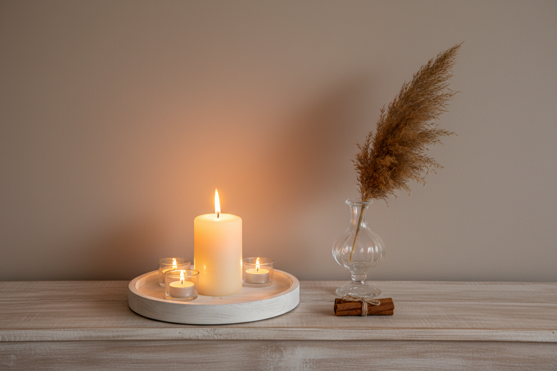 Fall entryway table styled with a whitewash wood candle tray, lit pillar candle, crystal bud vase with dried pampas, and cinnamon sticks in warm candlelight