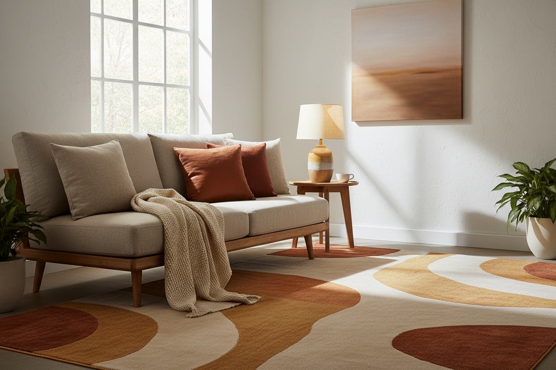 Minimalist living room refreshed for fall with a warm abstract rug, terracotta and oatmeal pillow covers, waffle knit throw, and a glowing table lamp