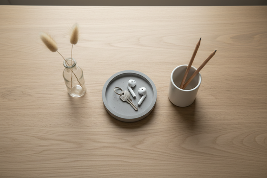 Minimalist dorm desk setup with a concrete catch-all tray, white ceramic pen holder, and small glass bud vase on a light oak surface