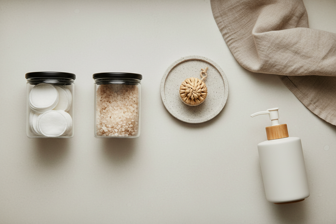 Minimalist bathroom countertop with clear glass storage jars, stone coaster, and folded linen towel in Japandi style