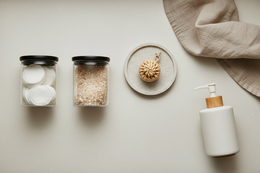 Minimalist bathroom countertop with clear glass storage jars, stone coaster, and folded linen towel in Japandi style