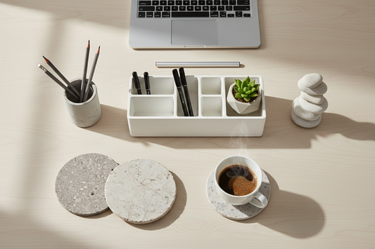 Minimalist desk setup with modular organizer, concrete pen holder, and stone coasters in neutral tones