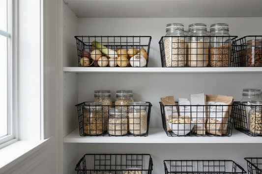 Minimalist matte black wire baskets organizing pantry shelves with produce and dry goods in a Japandi-style kitchen