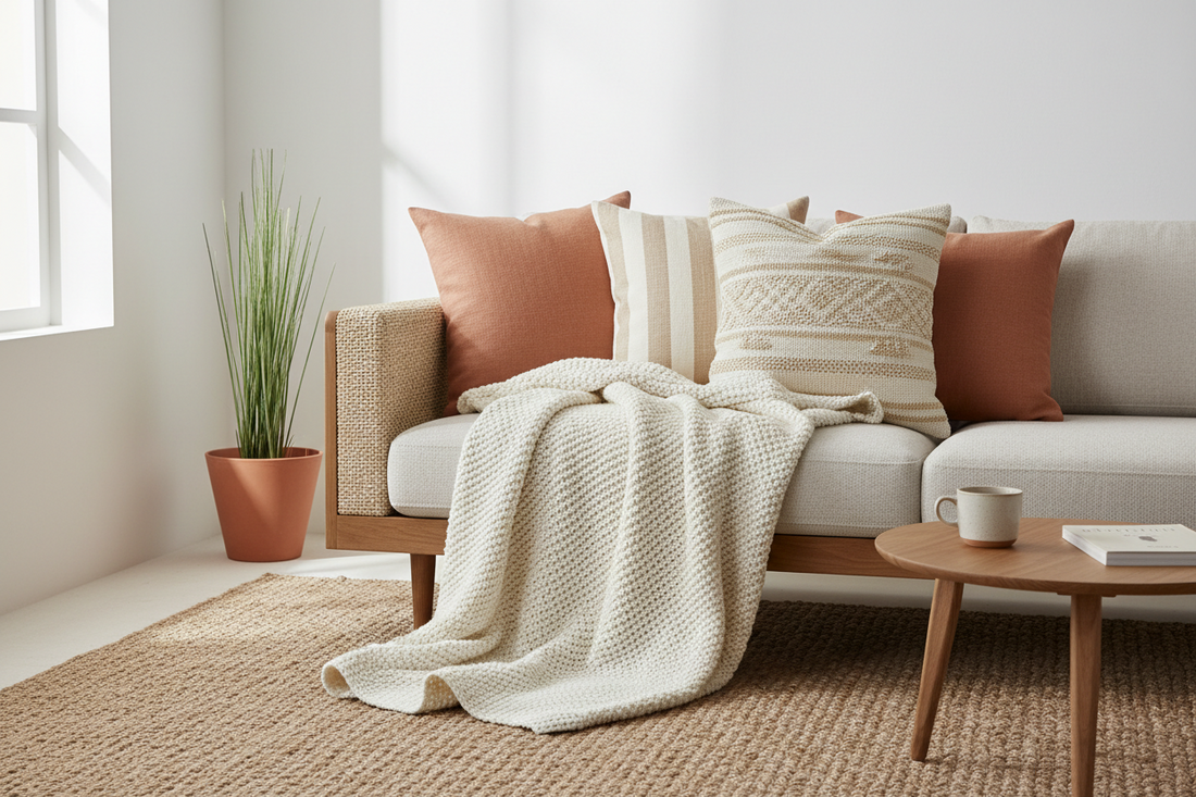 Minimalist sofa styled with linen and cotton throw pillow covers in warm neutral tones for a Japandi living room refresh