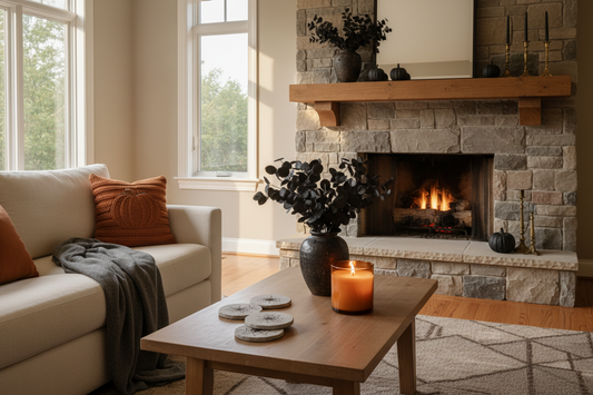 Family living room styled for Halloween with a ceramic vase on the mantel, coasters on the coffee table, and burnt orange pillow covers