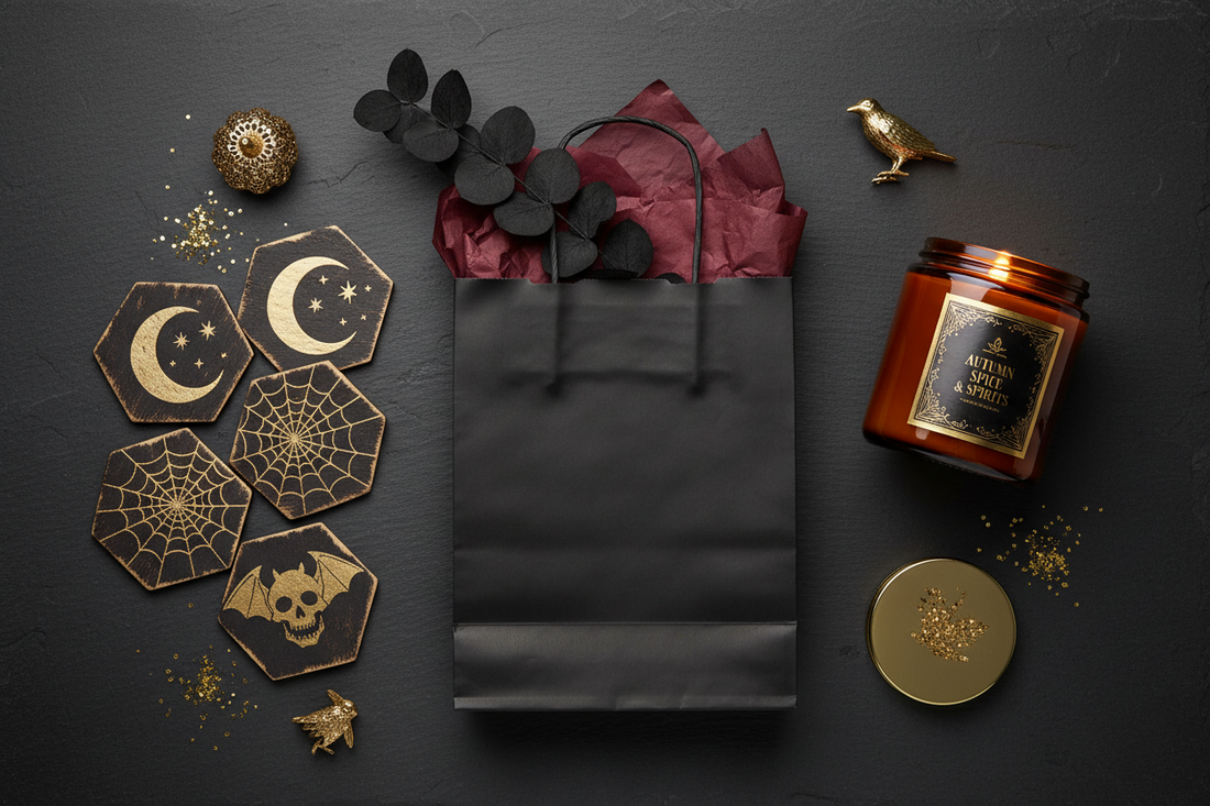 Curated last-minute Halloween gift set with soy candle, dried eucalyptus stems, and coasters styled on dark slate