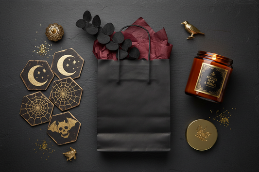 Curated last-minute Halloween gift set with soy candle, dried eucalyptus stems, and coasters styled on dark slate