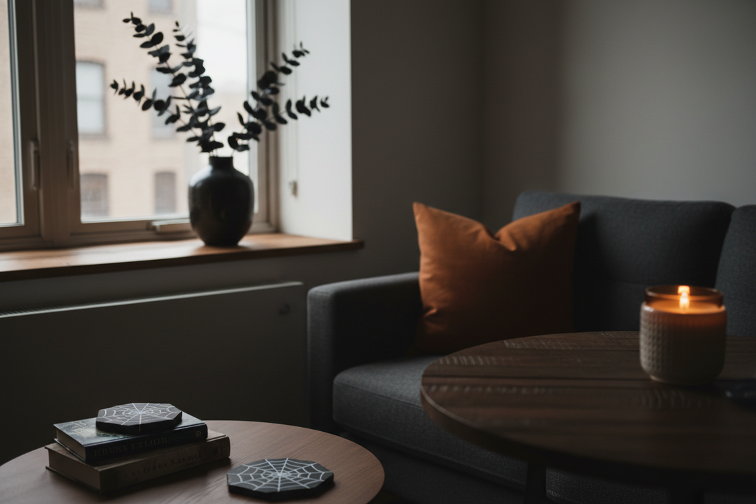 Small studio apartment styled for Halloween with a ceramic vase on the windowsill, coasters on the coffee table, and a glowing amber candle
