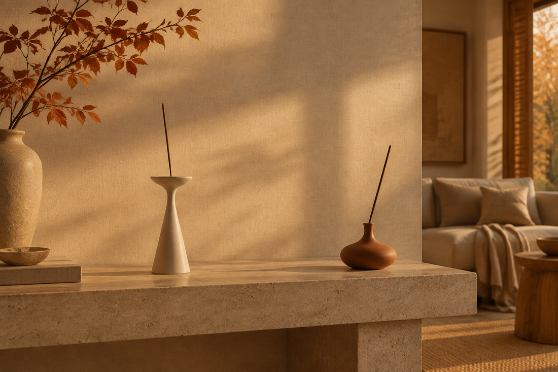 Brass and ceramic incense holders displayed unlit on a stone console in a minimalist living room with warm autumn light.