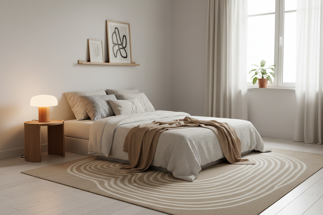 Minimalist dorm room with neutral rug, waffle knit throw, linen pillows, and warm mushroom lamp — college decor ideas