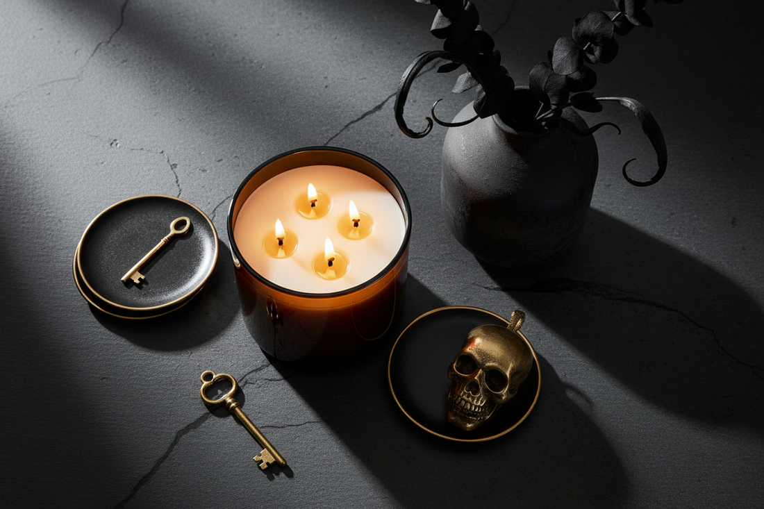 Halloween scented candle styled with black eucalyptus stems and ceramic vase for elegant home atmosphere