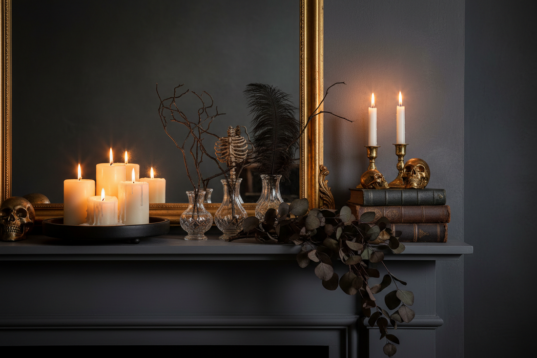 Elegant Halloween mantel styled with a black wood candle tray, lit pillar candles, and crystal bud vases with dark dried branches