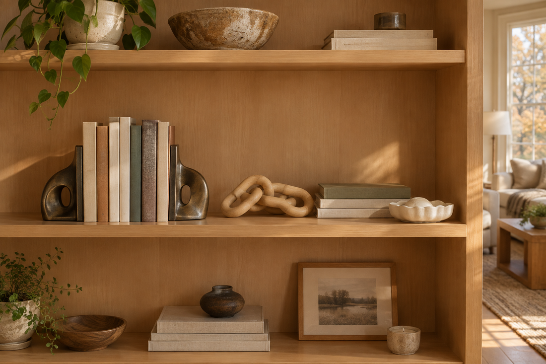 Cozy fall bookshelf with abstract metal bookends, a pine wood chain, and a ceramic trinket dish.
