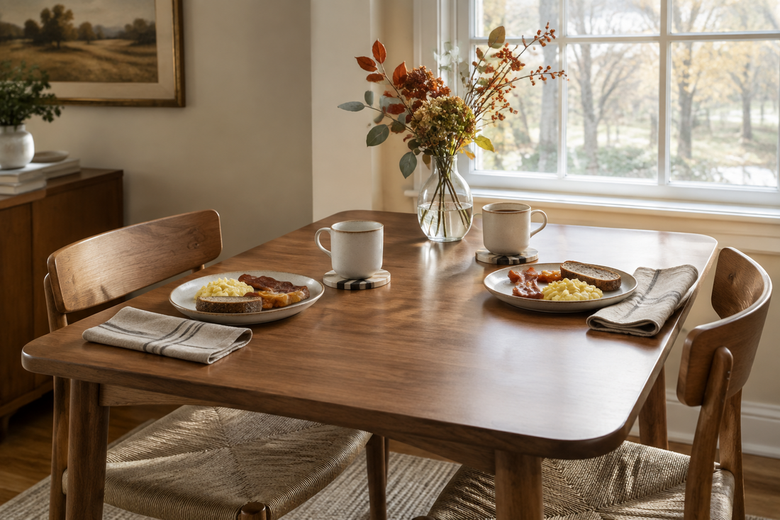 Thanksgiving breakfast nook with a clear glass vase, coffee mugs, coasters, and simple place settings