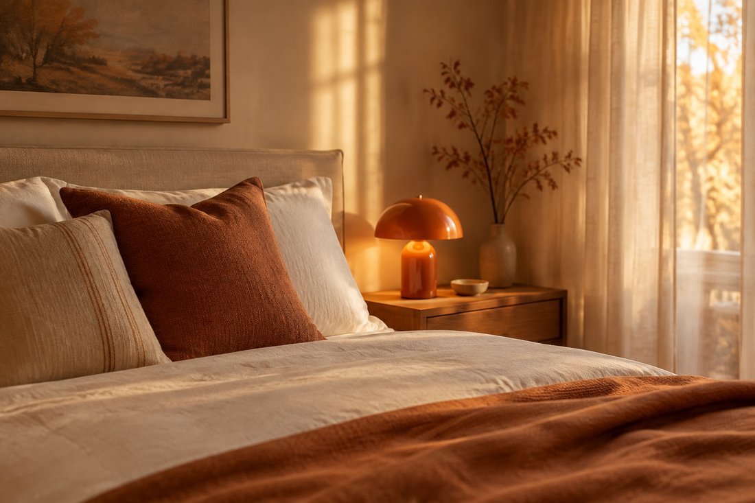 Cozy Thanksgiving guest bedroom with layered pillows, a warm bedside lamp, and a ceramic catchall dish