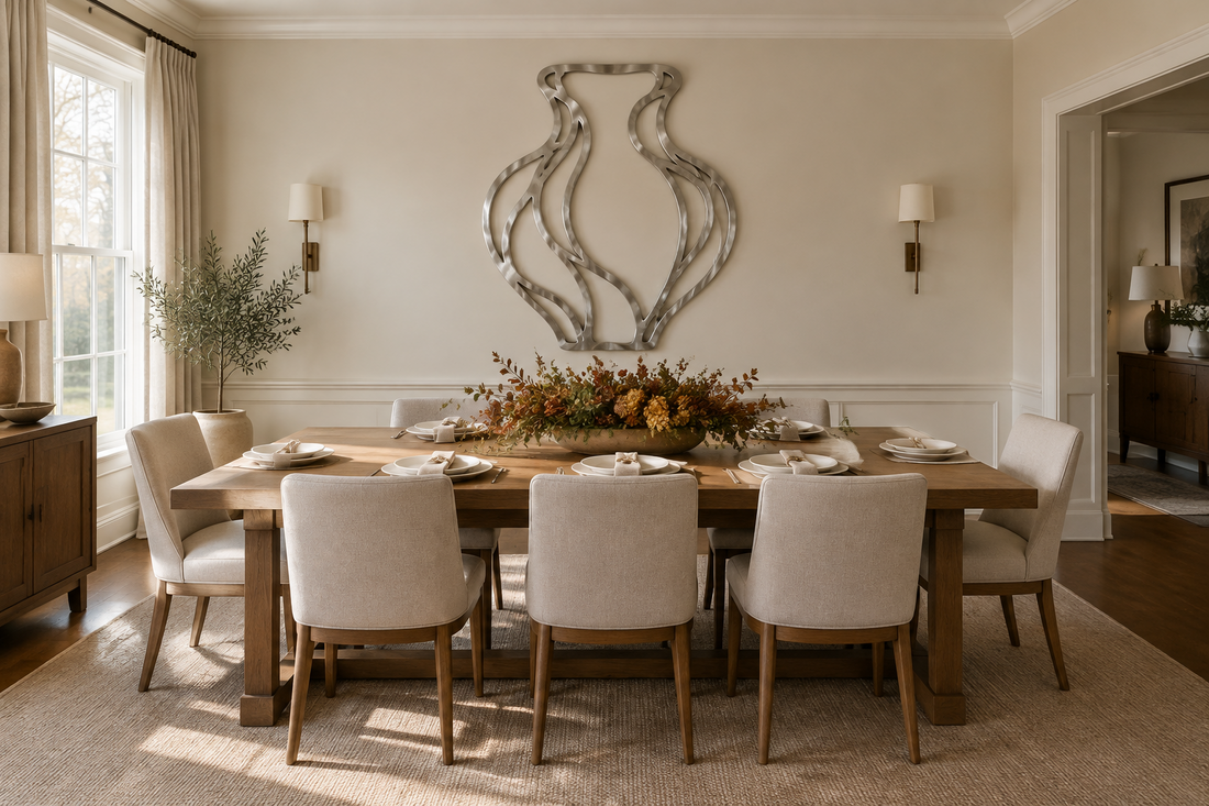 Thanksgiving dining room with silver abstract metal wall art, an oak table, neutral linens, and a low autumn centerpiece.