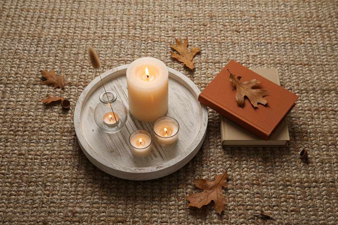 Fall coffee table styled with a whitewash wood candle tray, pillar candle, crystal bud vases with dried pampas, and stacked books on a jute rug
