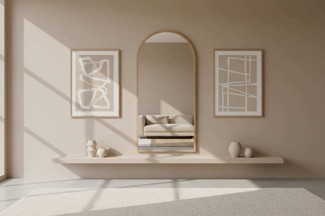 Minimalist living room wall styled with a large arch mirror and framed abstract art prints in neutral tones