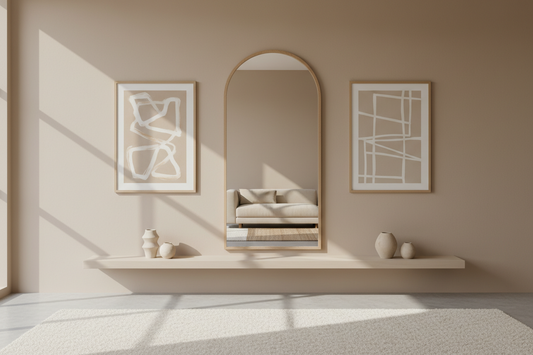 Minimalist living room wall styled with a large arch mirror and framed abstract art prints in neutral tones