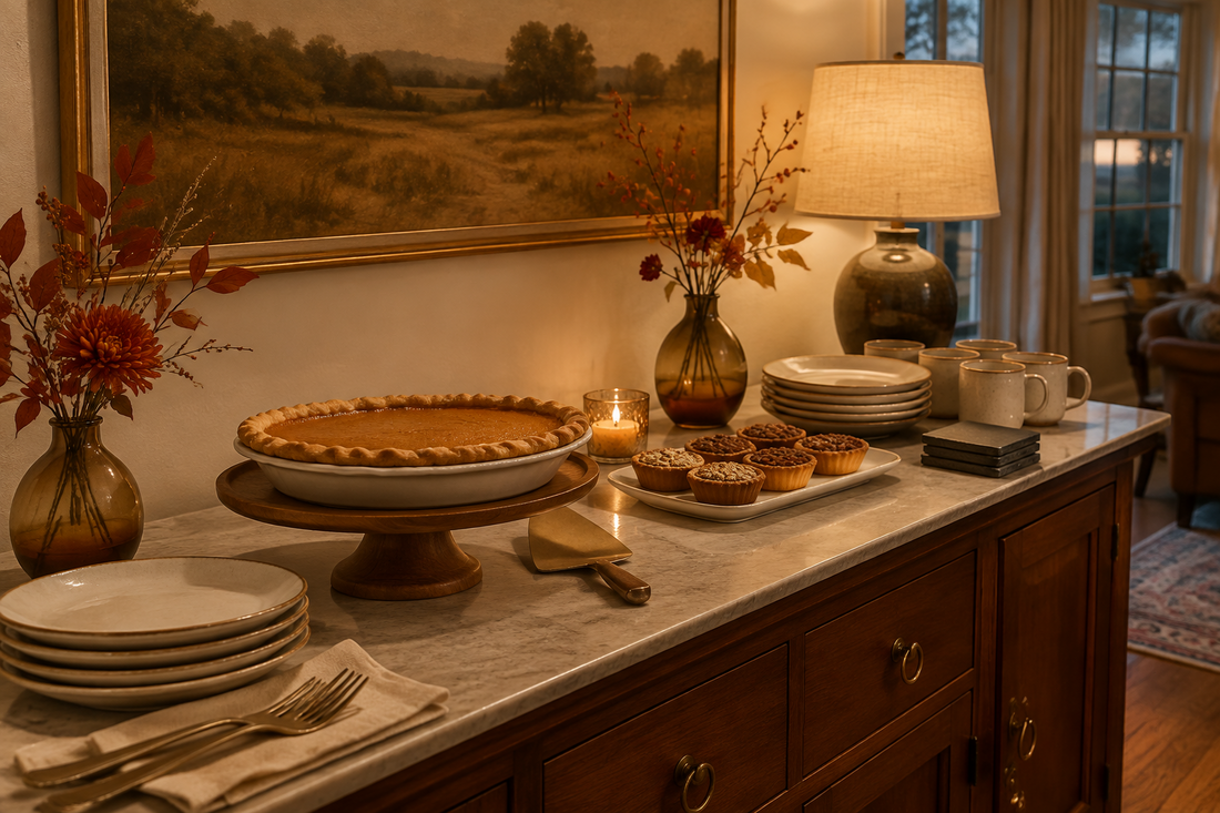 Thanksgiving dessert station with pie, glass bud vases, coffee cups, and slate coasters
