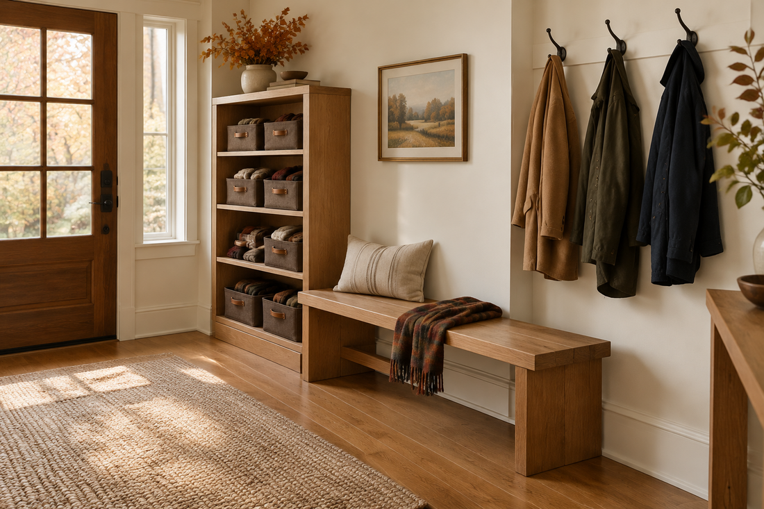Brown fabric bins holding dry scarves and gloves beneath an entryway bench, with guest coats hanging separately.