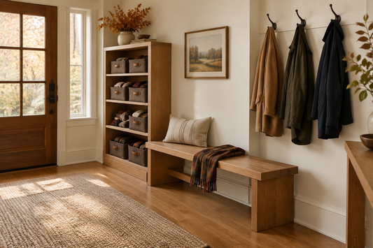 Brown fabric bins holding dry scarves and gloves beneath an entryway bench, with guest coats hanging separately.