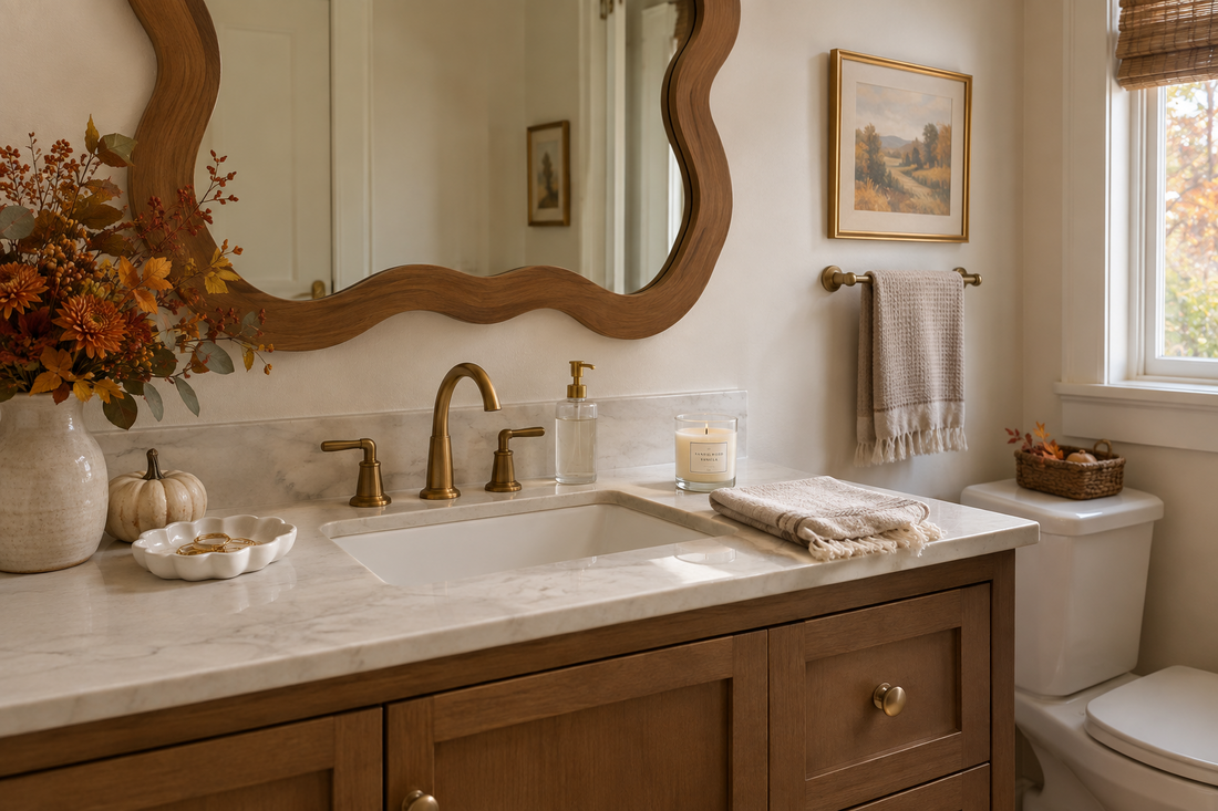 Thanksgiving guest bathroom with a wavy wood-framed mirror, ceramic jewelry dish, and neatly styled vanity