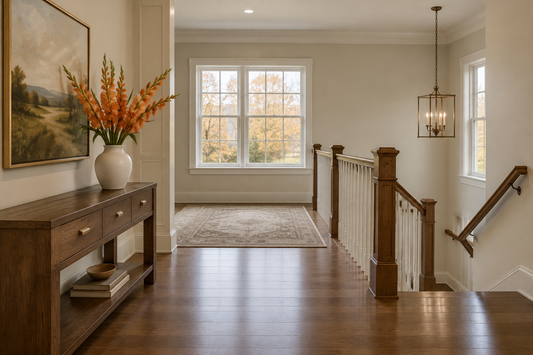 Thanksgiving stair landing with orange faux gladiolus in a white ceramic vase on an oak console beside a clear walkway.
