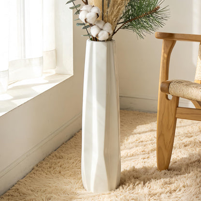 White Ceramic Floor Vase 24" Tall – Origami-Style Glaze | Large Porcelain Vase for Living Room, Farmhouse & Entryway Decor