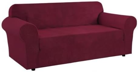 H.VERSAILTEX Stretch Sofa Covers for 3 Cushion Couch Covers Sofa Slipcovers for Living Room Feature Thick Checked Jacquard Fabric with Elastic Bottom, Sofa Large - Burgundy Red