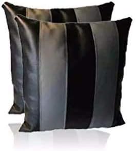 D DOLLY LAMB Lambskin Leather Pillow Cover - Sofa Cushion Case - Decorative Throw Covers for Living Room & Bedroom, 16x16 Inches - Black Grey Pack of 2