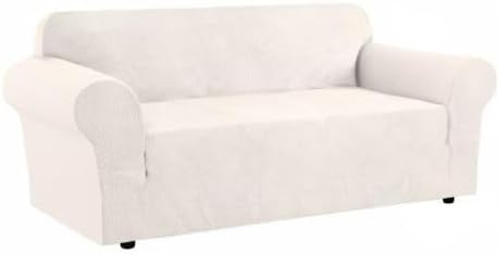 H.VERSAILTEX Stretch Sofa Covers for 3 Cushion Couch Covers Sofa Slipcovers for Living Room Feature Thick Checked Jacquard Fabric with Elastic Bottom, Sofa Large - Ivory