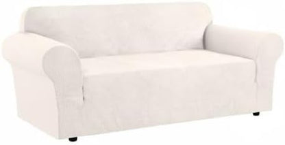 H.VERSAILTEX Stretch Sofa Covers for 3 Cushion Couch Covers Sofa Slipcovers for Living Room Feature Thick Checked Jacquard Fabric with Elastic Bottom, Sofa Large - Ivory