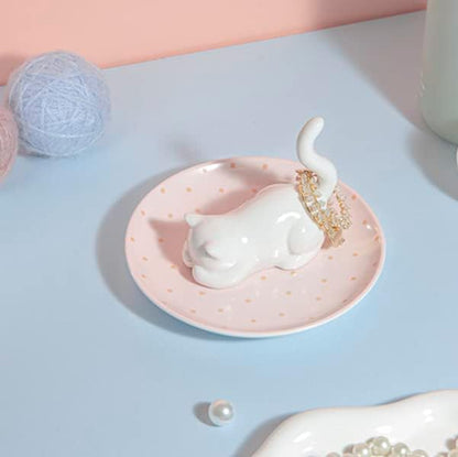 Cat Ring Holder Ring Dish Ceramic Jewelry Holder Dish Trinket Tray For Rings Earrings Trinkets Organizer, Funny Cat Themed Gifts for Mom, Birthday Gifts for Women