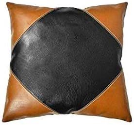 LL LEATHER LOVERS Lambskin Leather Pillow Cover - Sofa Cushion Case - Decorative Throw Covers for Living Room & Bedroom, 14x14 Inches - Camel Black Pack of 2