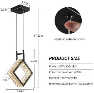 Kitchen Island Mini Light Fixture Modern Led Crystal Pendant Light Black Square Chandelier for Dining Room Living Room Kitchen Bedroom Bar（1-Pack）