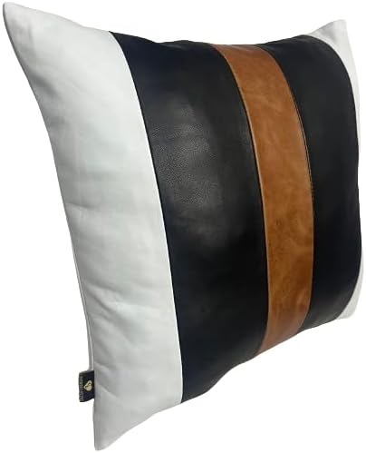 D DOLLY LAMB Lambskin Leather Pillow Cover - Sofa Cushion Case - Decorative Throw Covers for Living Room & Bedroom, 14x14 Inches - Black & Tan Pack of 2