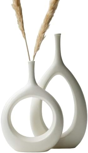 Kimisty Nordic Ceramic Vase Set 2, White Modern Minimalist Bud Vase, Hollow Vase Decor, Sculpture Decor, Fire Place Decoration, Mid Century, Abstract Design