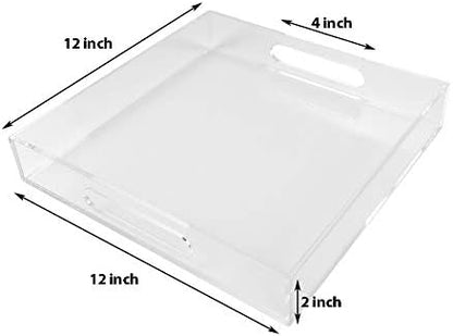 Clear Sturdy Acrylic Serving Tray with Handles - 12x12Inch - Coffee, Appetizer, Breakfast, Butler Tray - Kitchen Countertop & Makeup Drawer Organizer