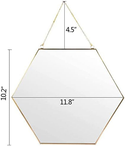 LONGWIN Hanging Wall Hexagon Mirror Decor Gold Geometric Mirror with Chain for Bathroom Bedroom Living Room 11.8"x 10.2"