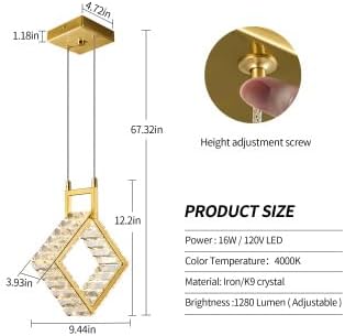 Kitchen Island Mini Light Fixture Modern Led Crystal Pendant Light Gold Square Chandelier for Dining Room Living Room Kitchen Bedroom Bar（1-Pack）…