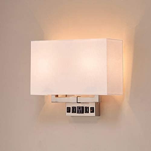 Wall Sconces Set of two Modern Bathroom Light Fixtures with Outlet Indoor Bedside Wall Lamps Set with USB Ports and Outlet, E26 Base, 120V, Brushed Nickel Finish, Iron Body, White Fabric Shade